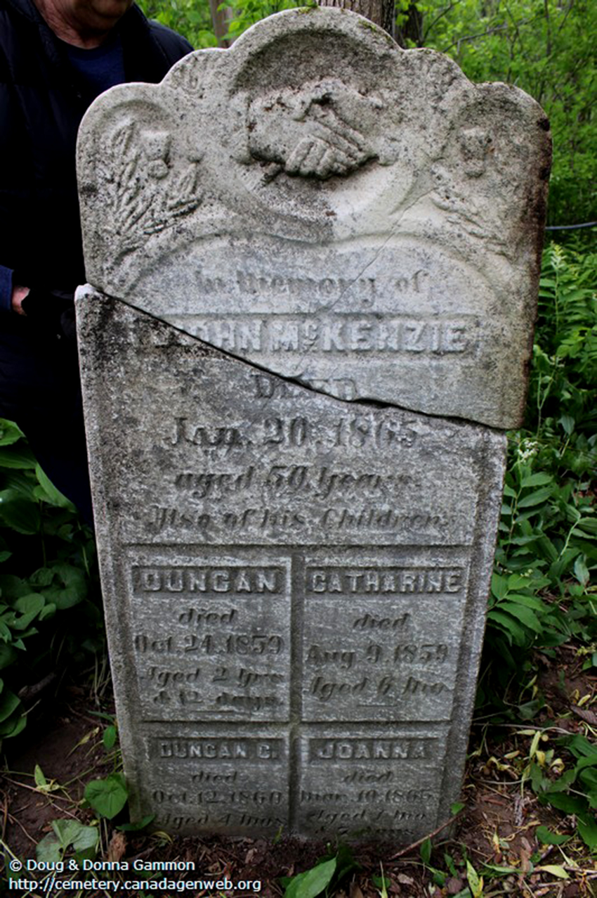 Photo of headstones/John McKenzie d1865 hdstn McKenzie cem Elgin ON